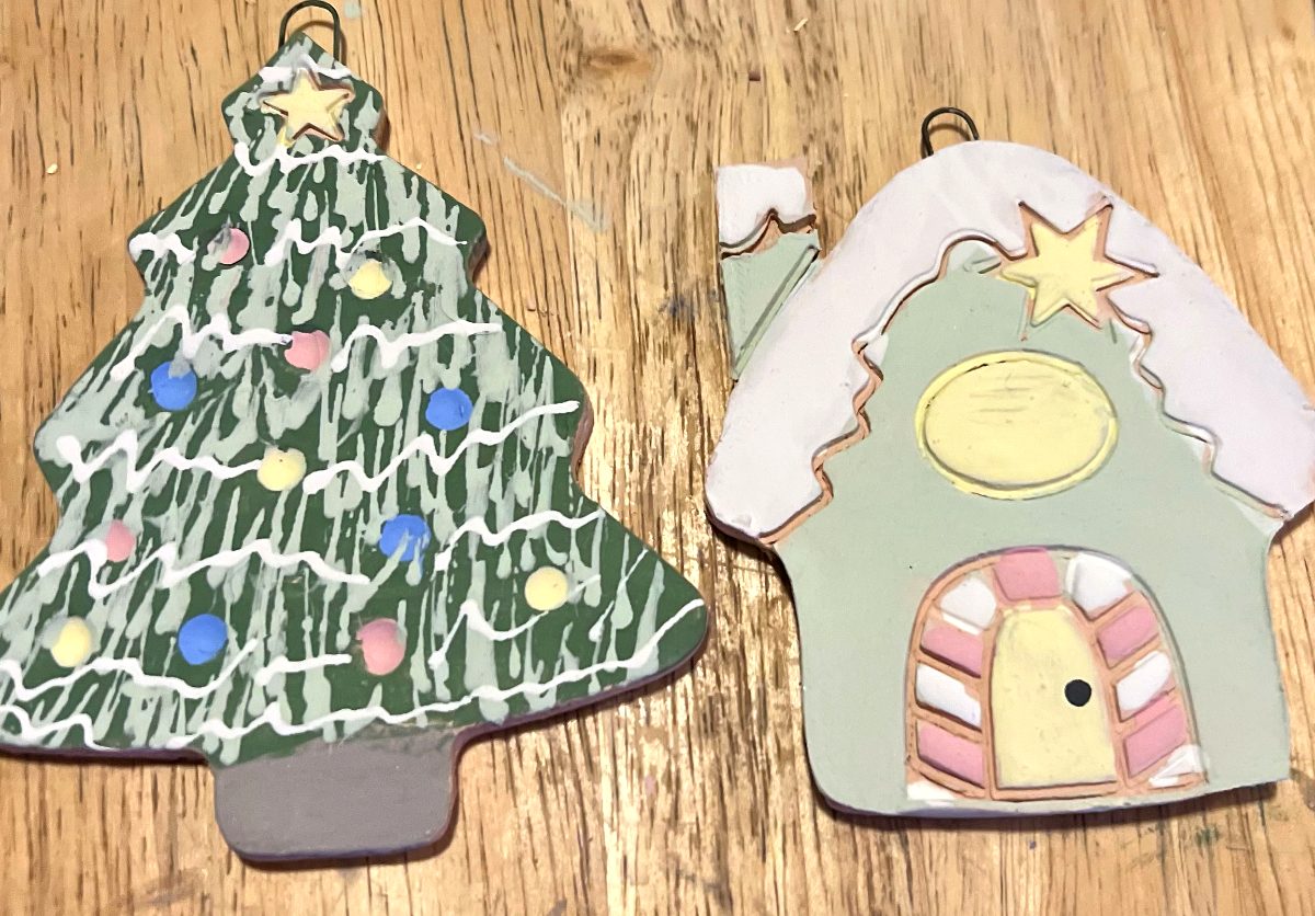Hand-painted ceramic Christmas tree and gingerbread house ornaments